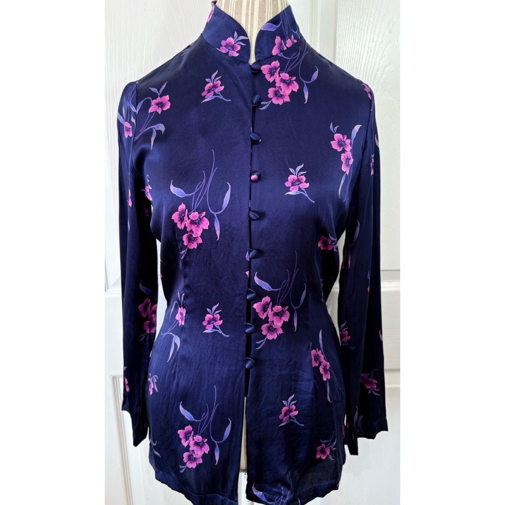 Vintage 100% Silk Asian Fairycore WhimsyGoth Purple Floral Tunic Top 10P